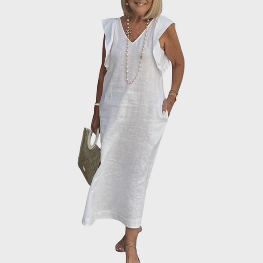 Robe Longue Lin Col V - Blanc