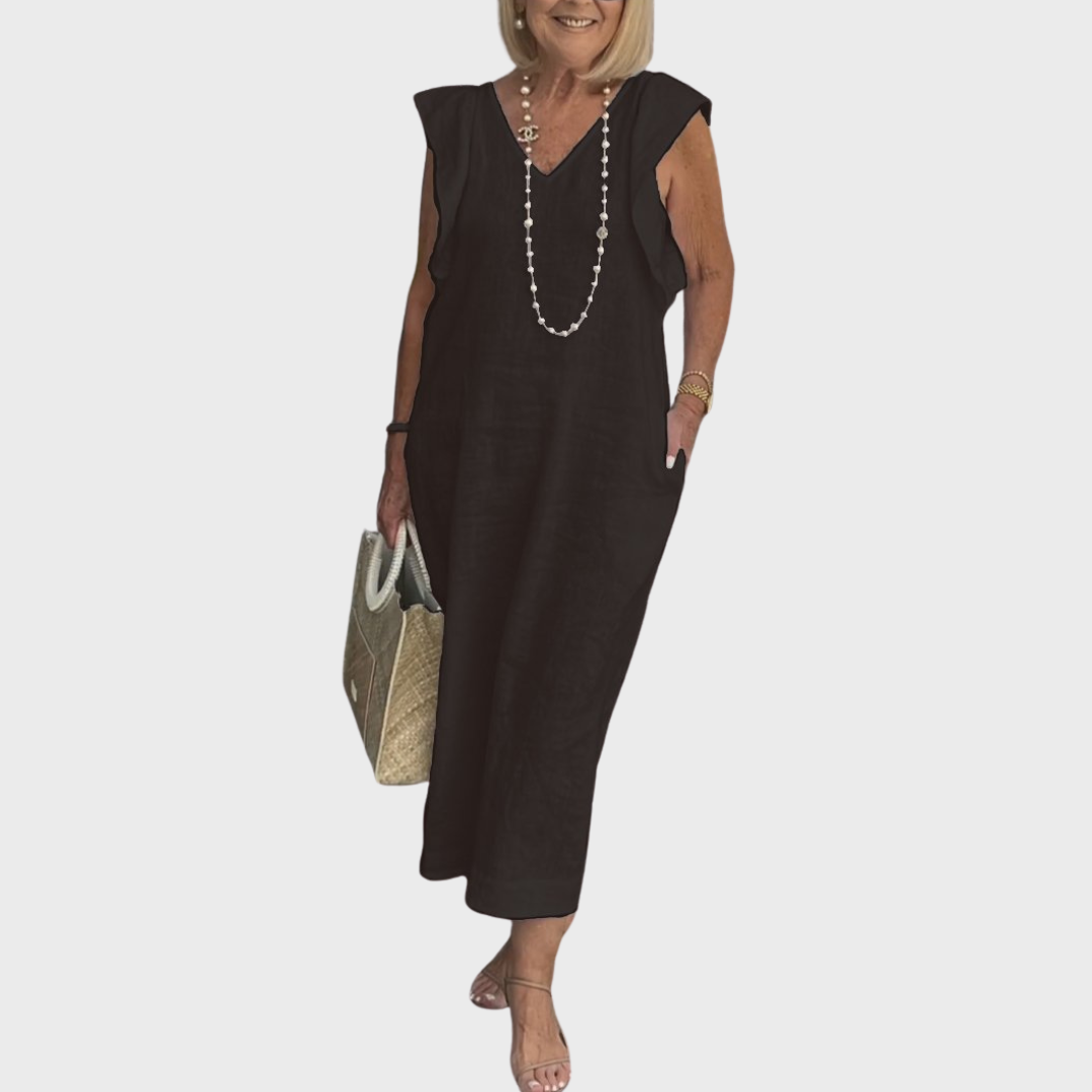 Robe Longue Lin Col V - Gris