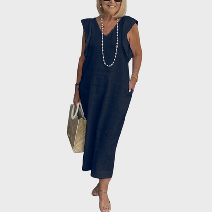 Robe Longue Lin Col V - Rose