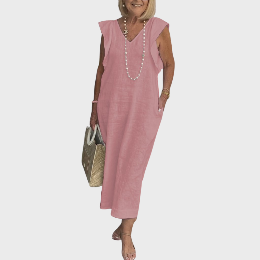 Robe Longue Lin Col V - Rouge