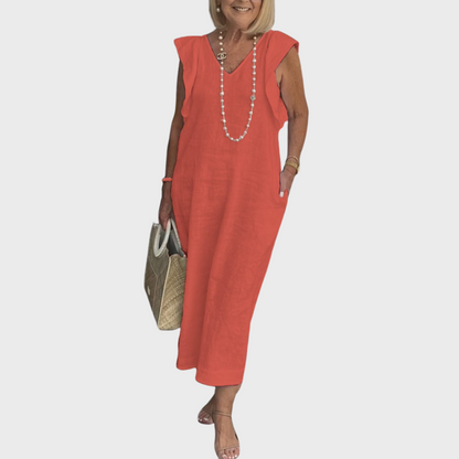 Robe Longue Lin Col V - Vert