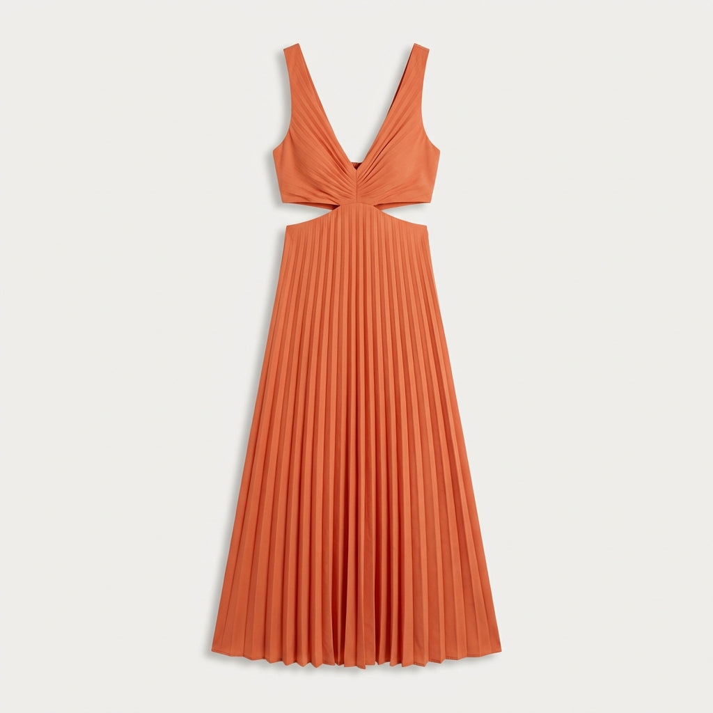 Robe longue plissée à découpes femme - Orange