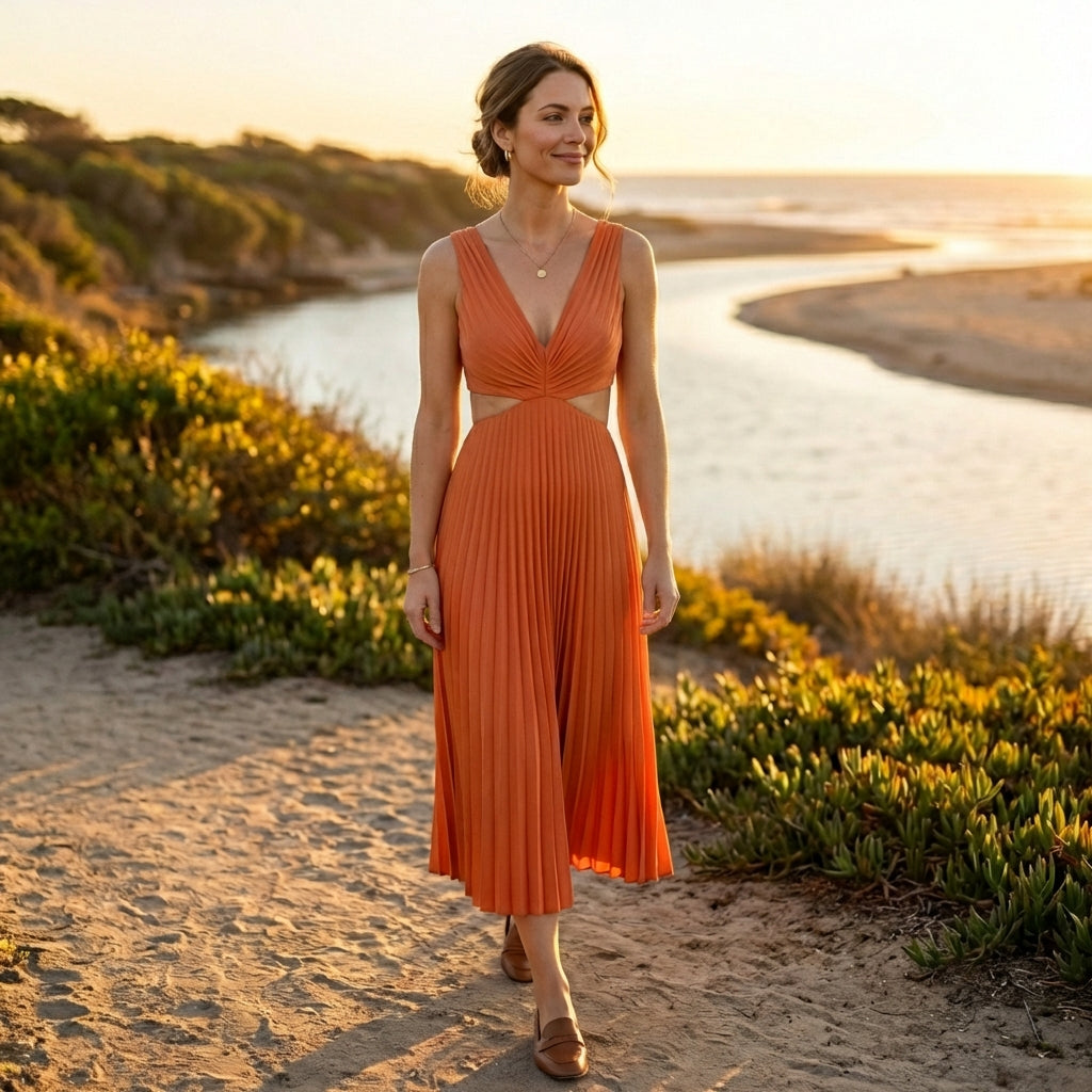 Robe longue plissée à découpes femme - Rose