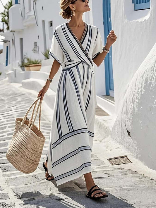 Robe longue portefeuille rayée - Blanc