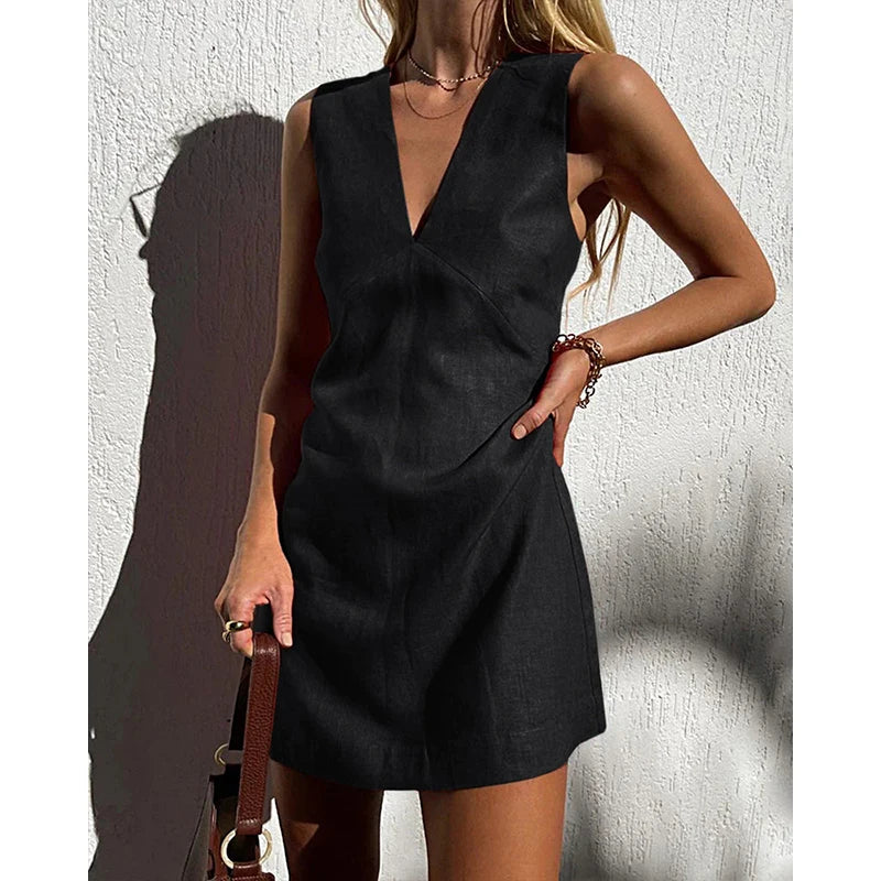 Robe Mini Trapèze en Lin - Noir