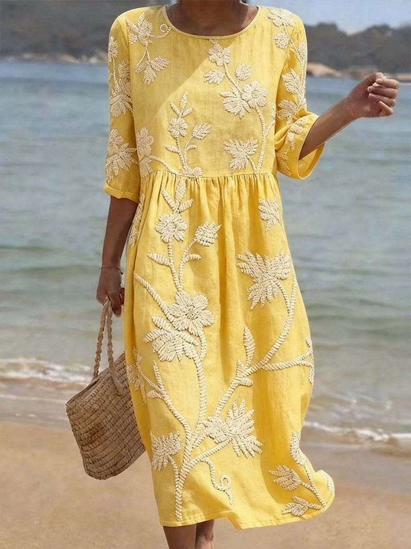 Robe Vintage Brodée Femme Coupe Fluide Détails Bohème – Robe Cocktail Été | Invitée de Mariage Chic