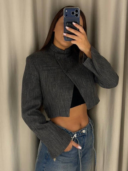 Veste Courte Femme – Col Montant & Coupe Structurée, Élégance Mi-Saison