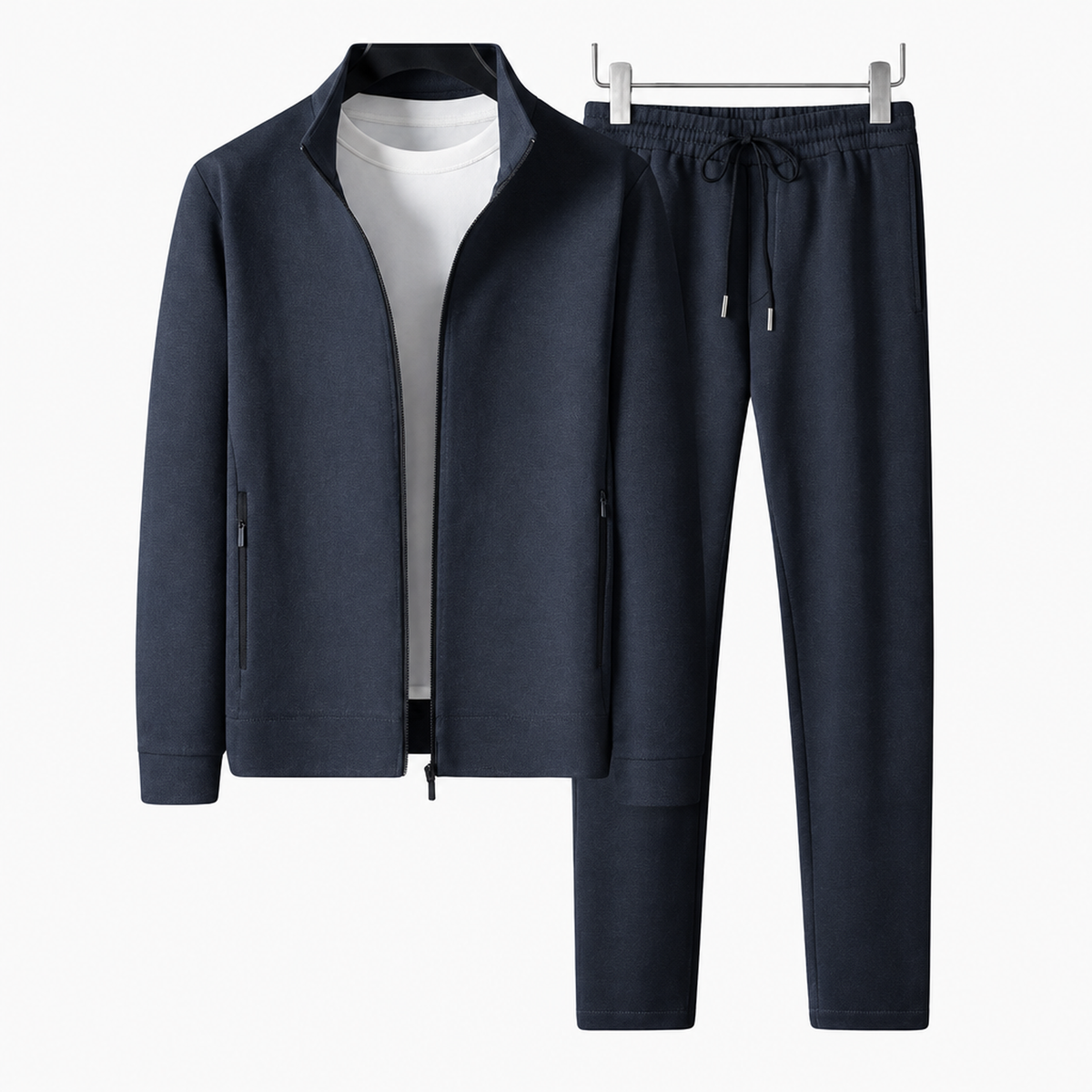 Ensemble survêtement homme bleu marine, veste zippée et pantalon jogging, vue à plat