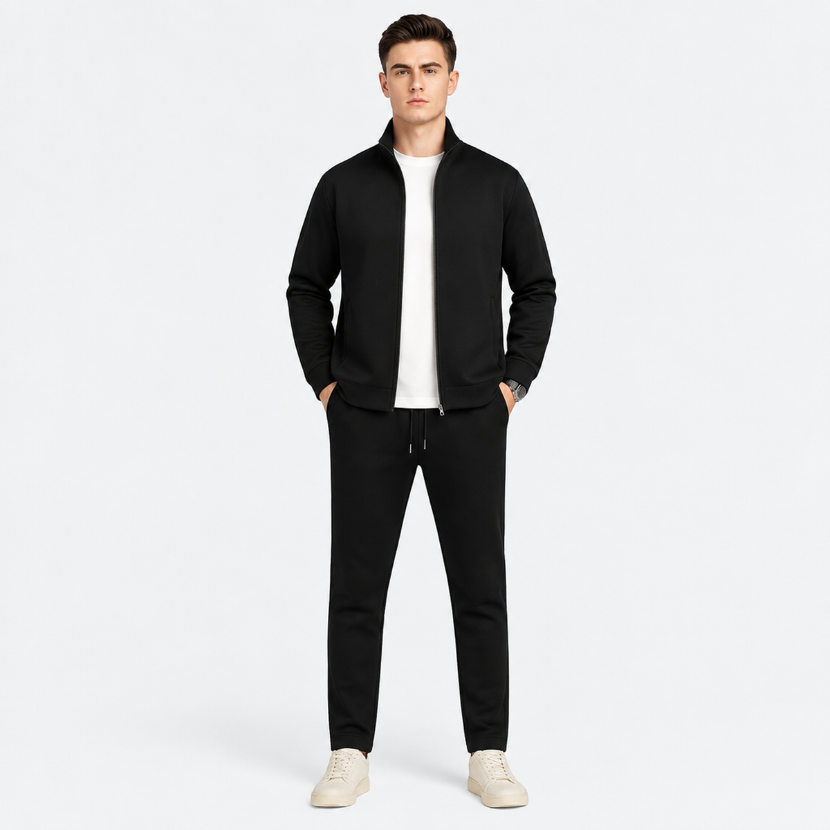 Homme portant l'ensemble survêtement noir Martaline, veste zippée fermée et pantalon jogging, vue de face