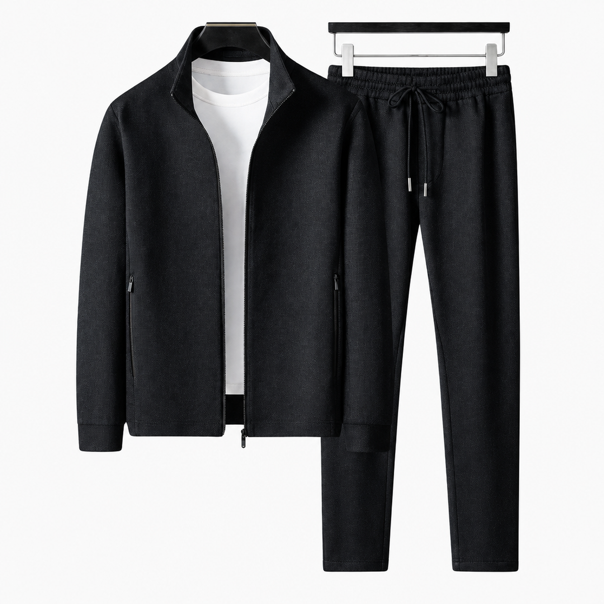 Ensemble survêtement homme noir, veste zippée à col montant et pantalon de jogging assorti