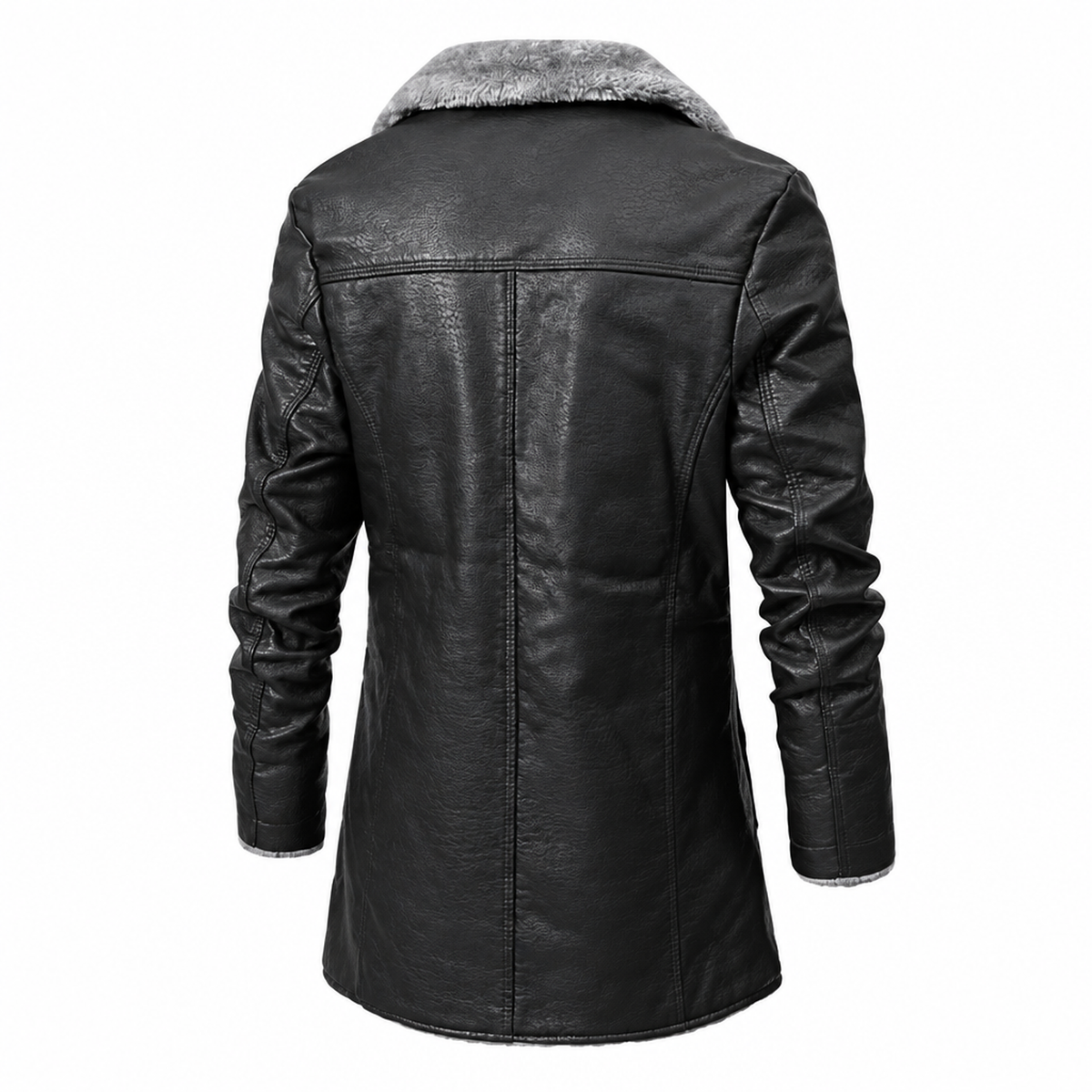 Veste d'hiver homme aspect cuir noir doublée polaire, vue de dos avec col en fausse fourrure grise