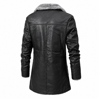 Veste d'hiver homme aspect cuir noir doublée polaire, vue de dos avec col en fausse fourrure grise