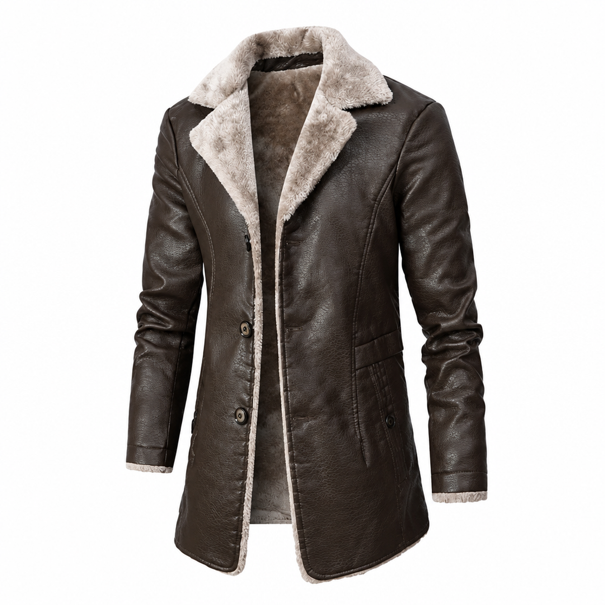 Veste d'hiver homme aspect cuir marron doublée polaire, vue de face avec col en fausse fourrure écrue
