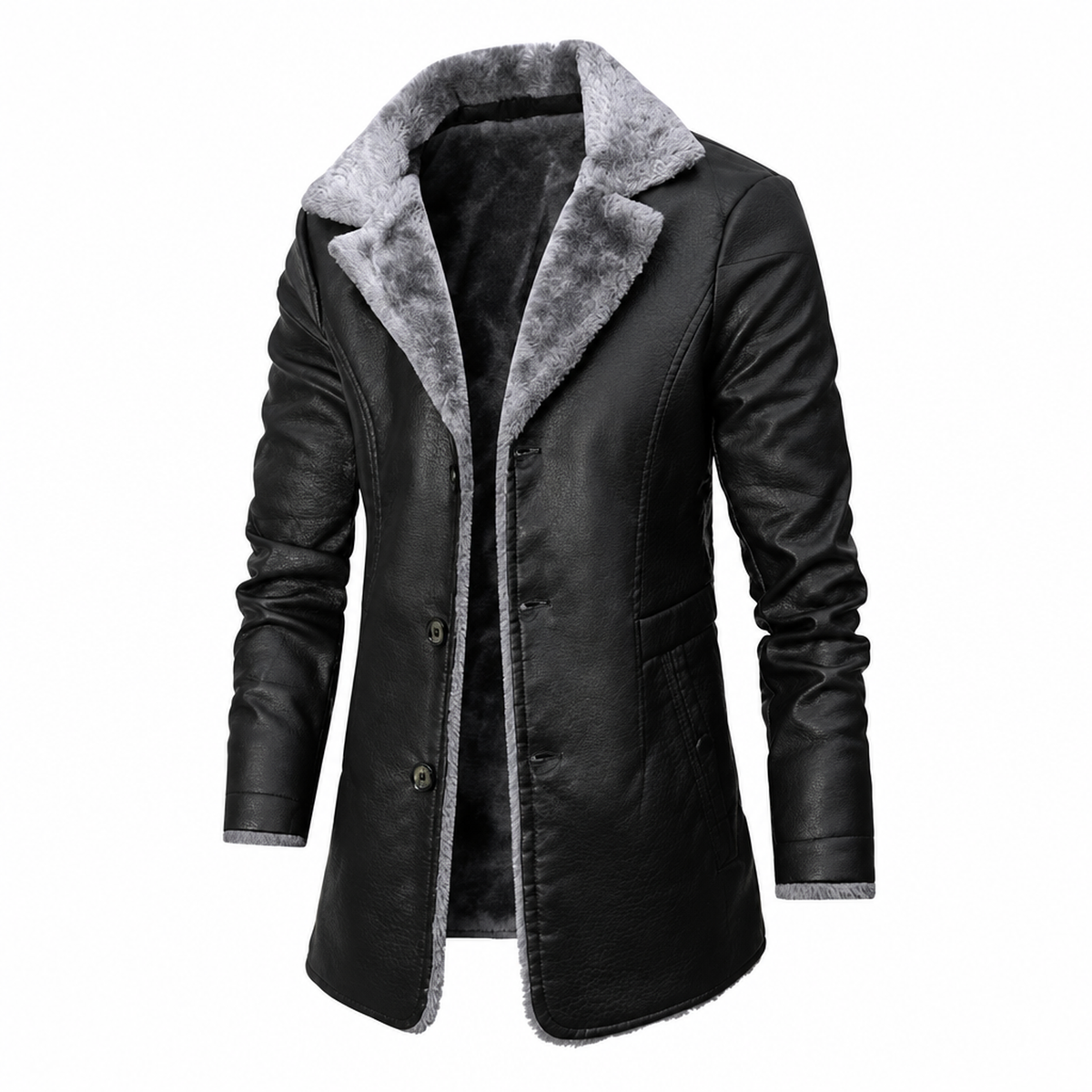 Veste d'hiver homme aspect cuir noir doublée polaire, vue de face avec col en fausse fourrure grise