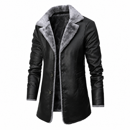 Veste d'hiver homme aspect cuir noir doublée polaire, vue de face avec col en fausse fourrure grise