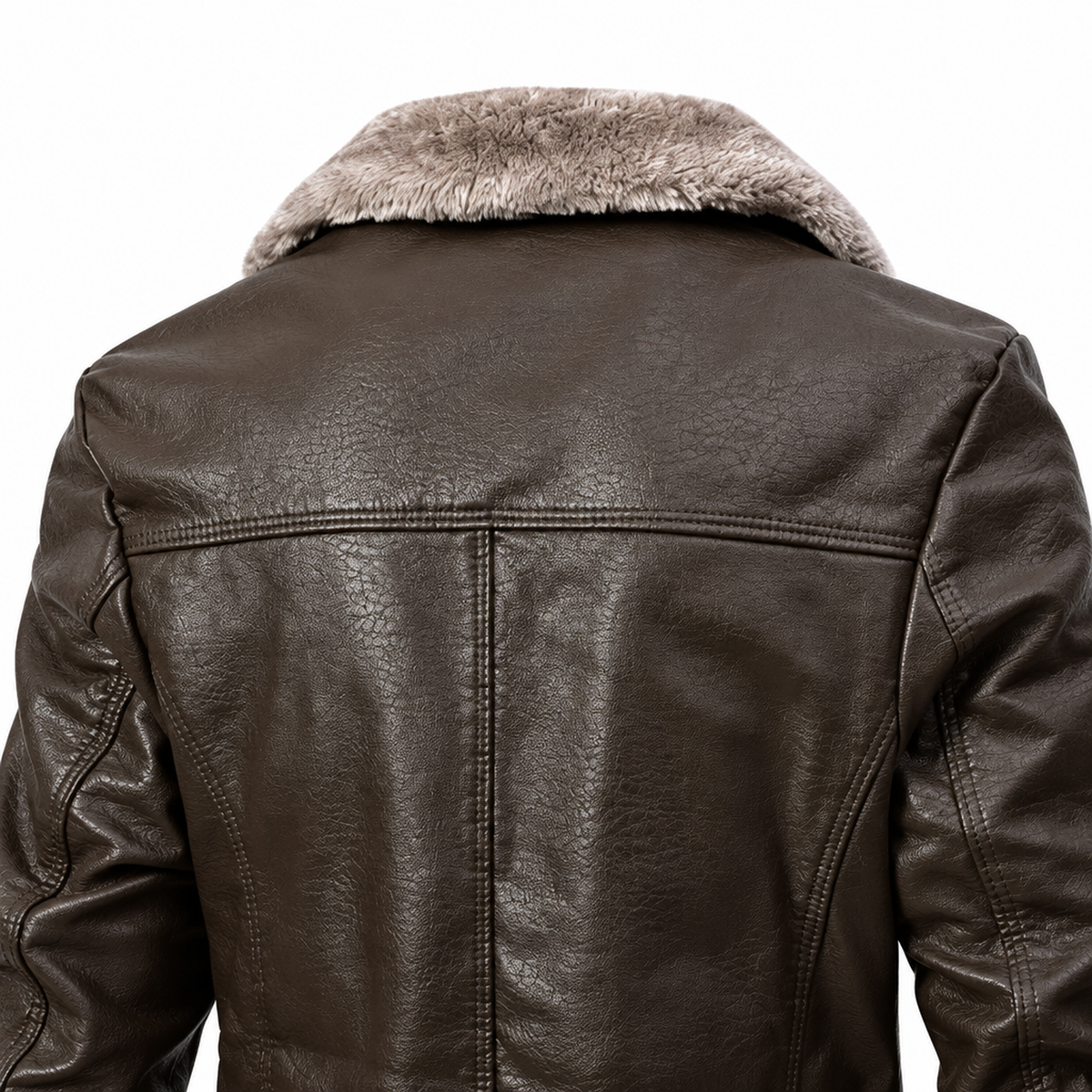 Gros plan sur le col en fausse fourrure de la veste d'hiver marron aspect cuir