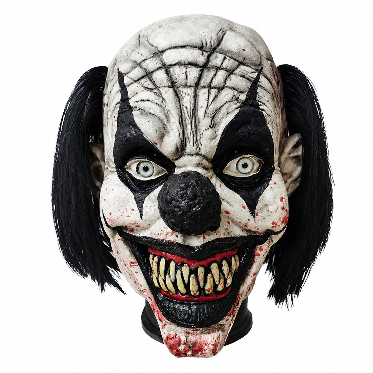 Masque clown horreur noir en latex avec cheveux longs, vue de face sur fond neutre