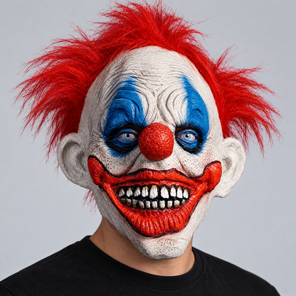 Masque de clown horreur rouge en latex porté sur la tête, look Halloween effrayant