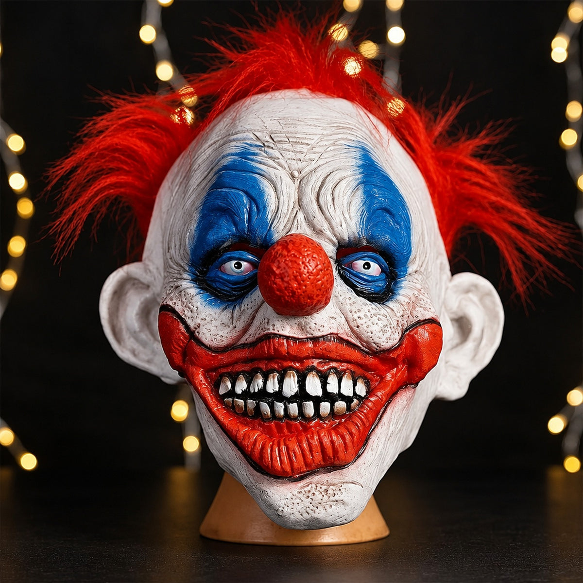 Masque clown horreur rouge en latex, sourire large et cheveux rouges, vue de trois quarts