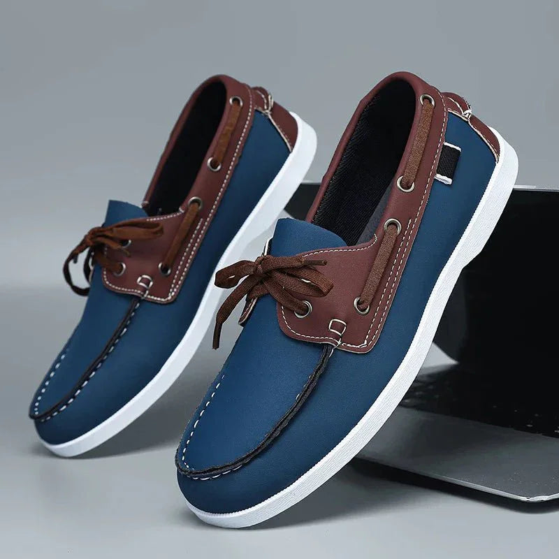 Chaussures bateau homme éco-cuir coloris Marine, vue profil