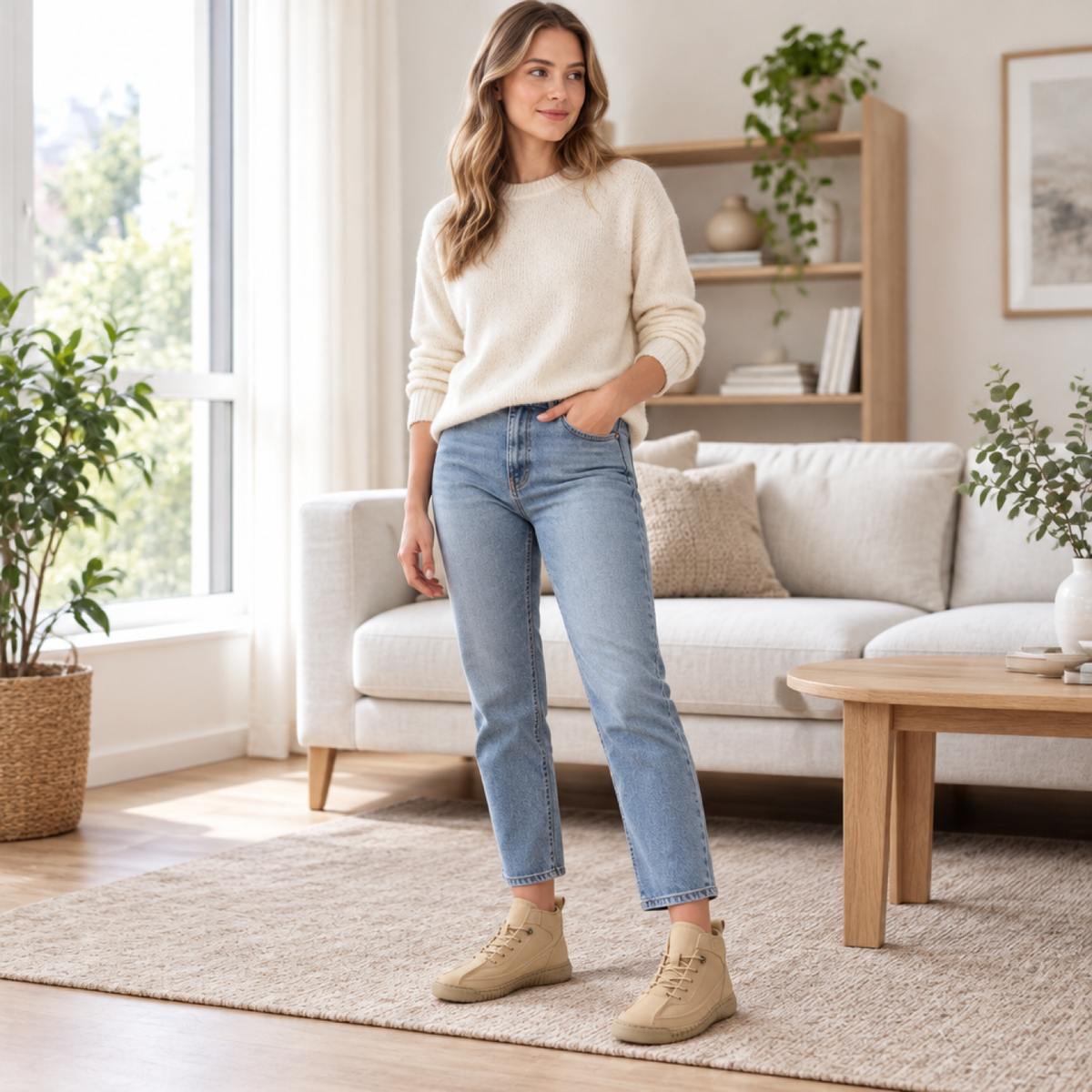 Femme portant la basket orthopédique beige à l'intérieur, confort du quotidien