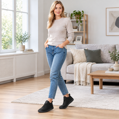 Femme portant la basket orthopédique noire à l'intérieur, confort du quotidien