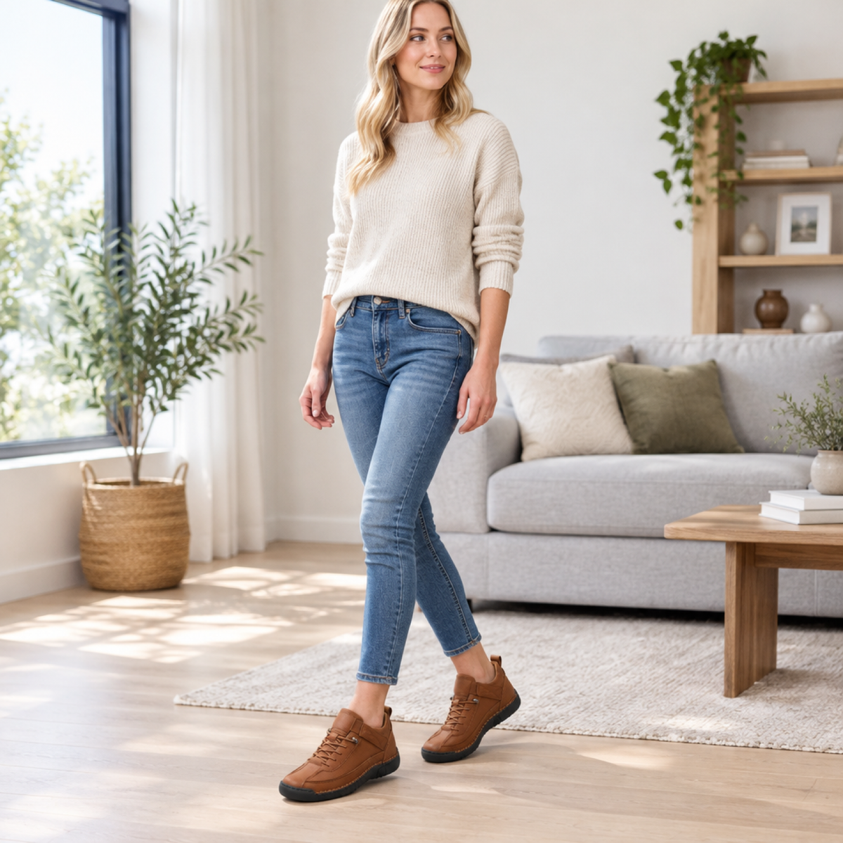Femme portant la basket orthopédique marron à l'intérieur, confort du quotidien