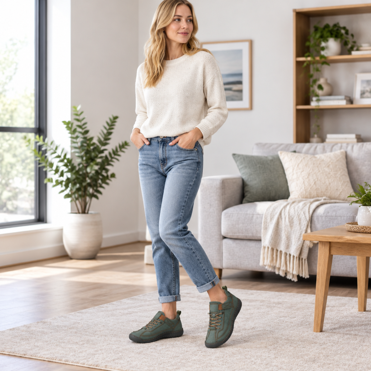 Femme portant la basket orthopédique verte à l'intérieur, confort du quotidien