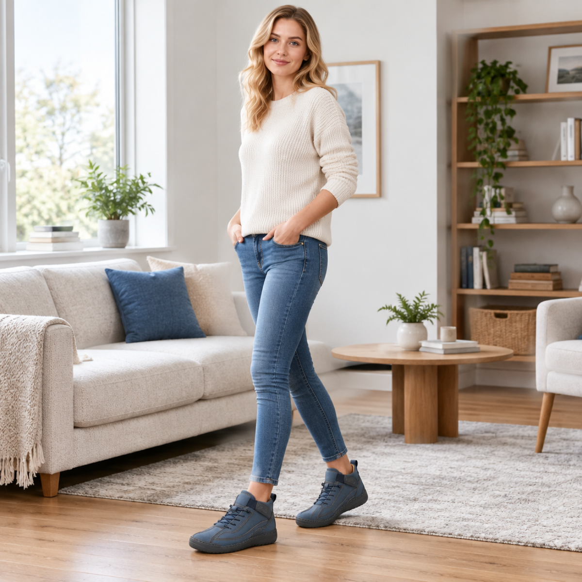 Femme portant la basket orthopédique bleu marine à l'intérieur, confort du quotidien