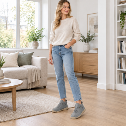 Femme portant la basket orthopédique grise à l'intérieur, confort du quotidien