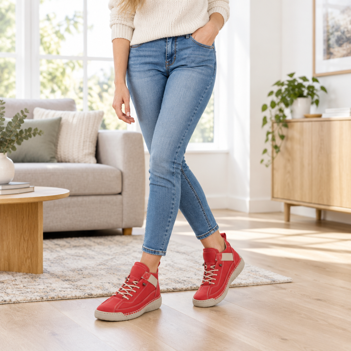 Femme portant la basket orthopédique rouge à l'intérieur, confort du quotidien