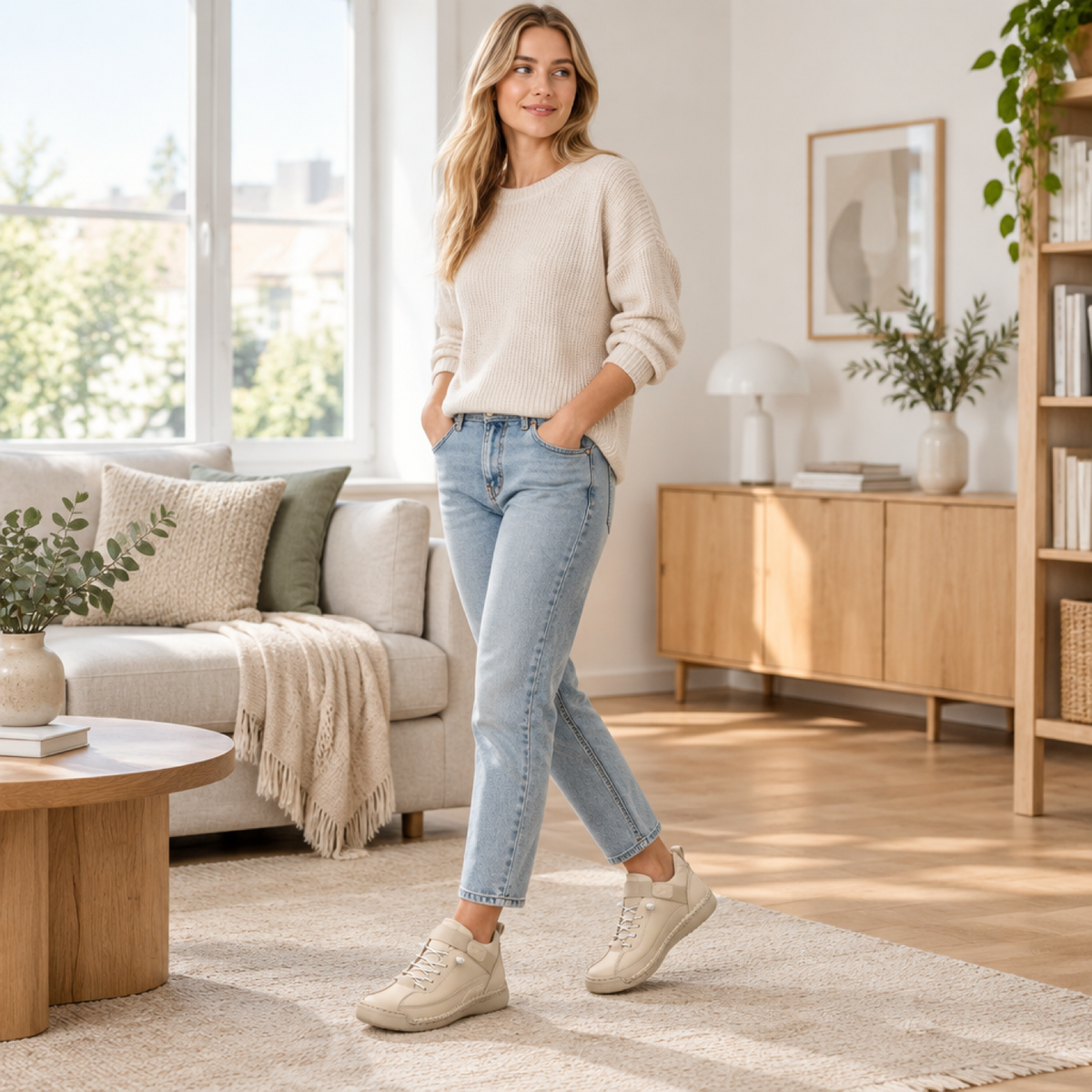 Femme portant la basket orthopédique beige sable à l'intérieur, confort du quotidien