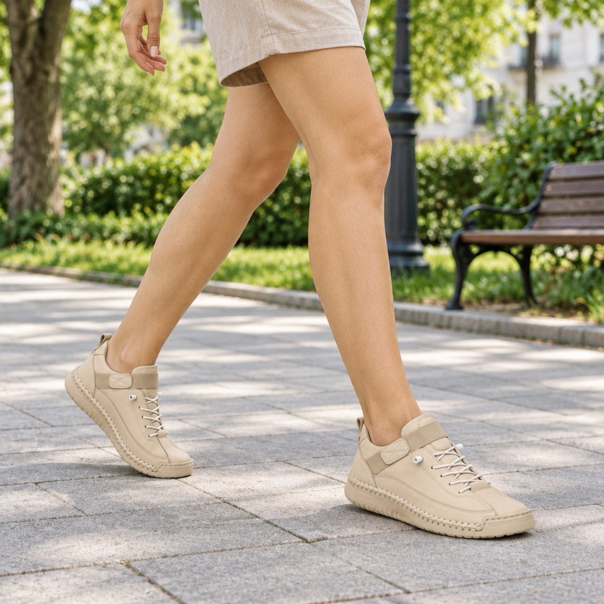 Basket orthopédique beige sable portée en extérieur, maintien et amorti du pas