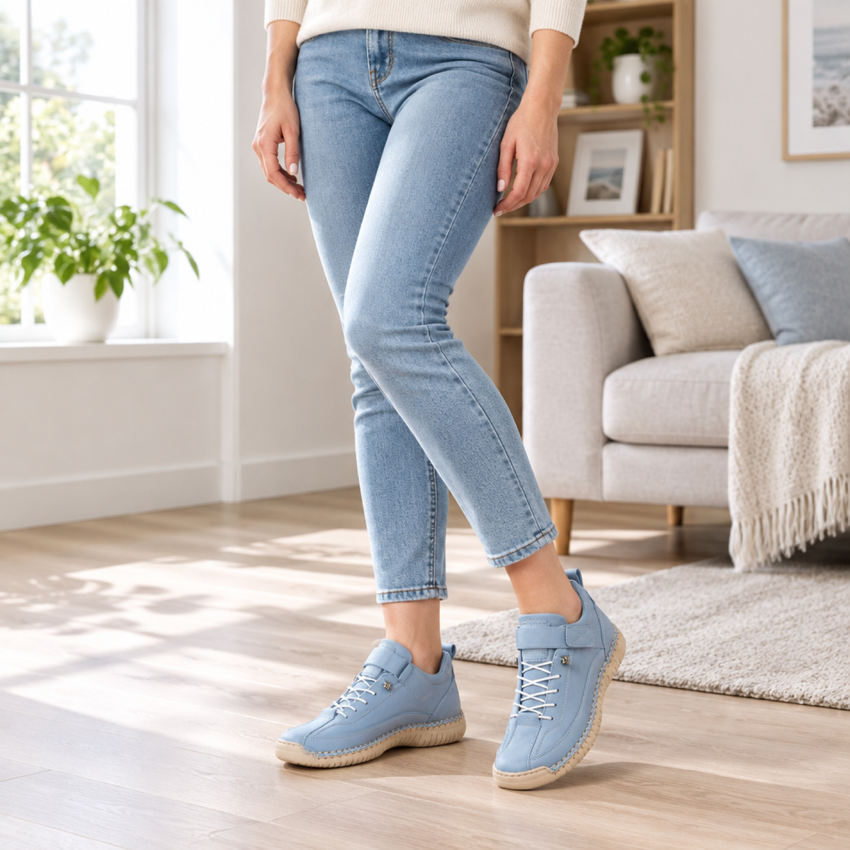 Femme portant la basket orthopédique bleu clair à l'intérieur, confort du quotidien
