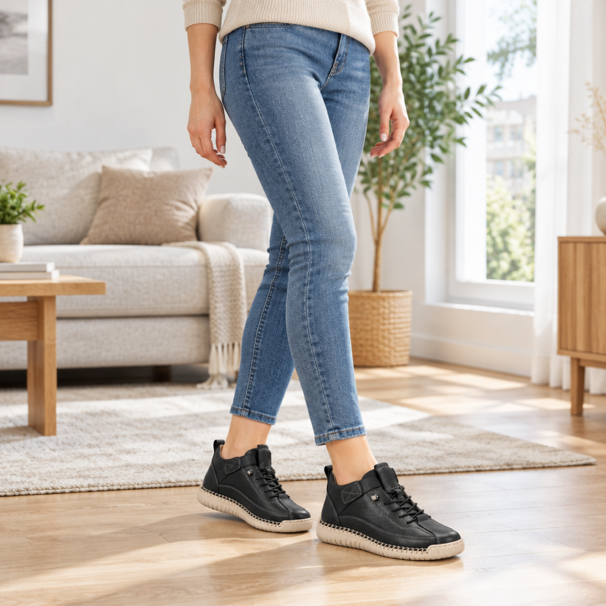 Femme portant la basket orthopédique noir et beige à l'intérieur, confort du quotidien