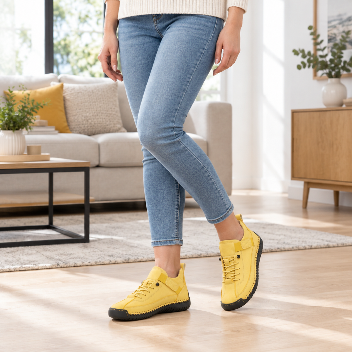 Femme portant la basket orthopédique jaune à l'intérieur, confort du quotidien