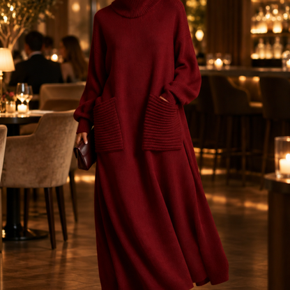 Femme portant la robe maxi en maille bordeaux en soirée, look élégant avec bottines à talons