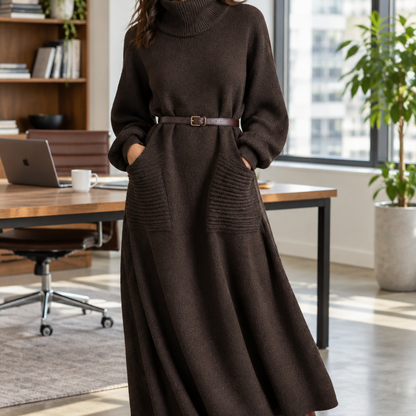 Femme portant la robe maxi en maille café au bureau, avec bottes en cuir marron
