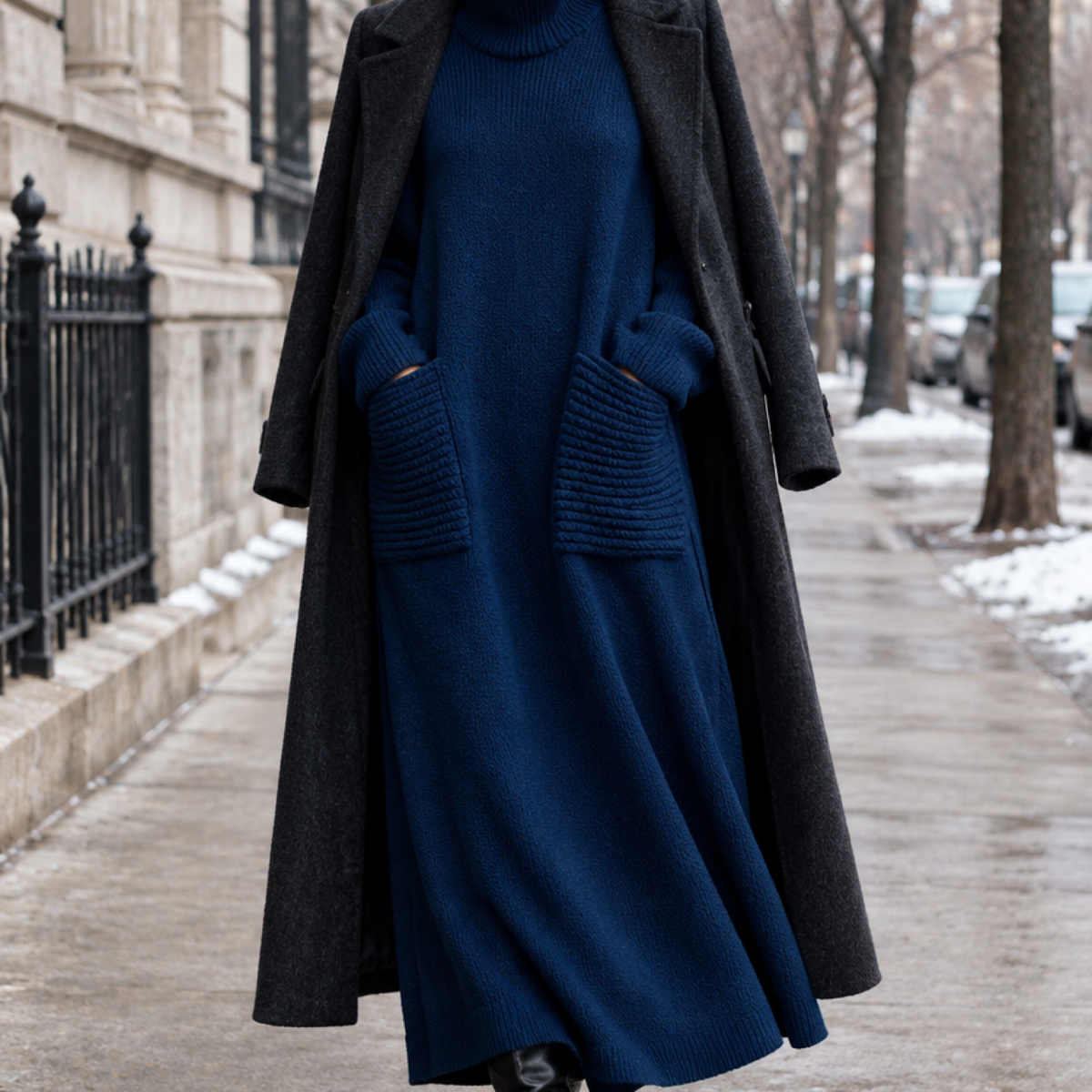Femme portant la robe maxi en maille bleu marine en extérieur l'hiver, avec manteau en laine