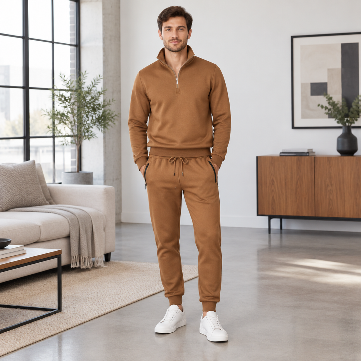 Homme portant l'ensemble de jogging marron, sweat zippé et pantalon jogger