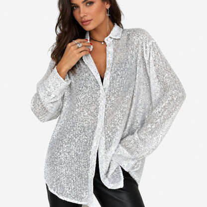 Blouse à paillettes argentée oversize à col chemise, vue de face