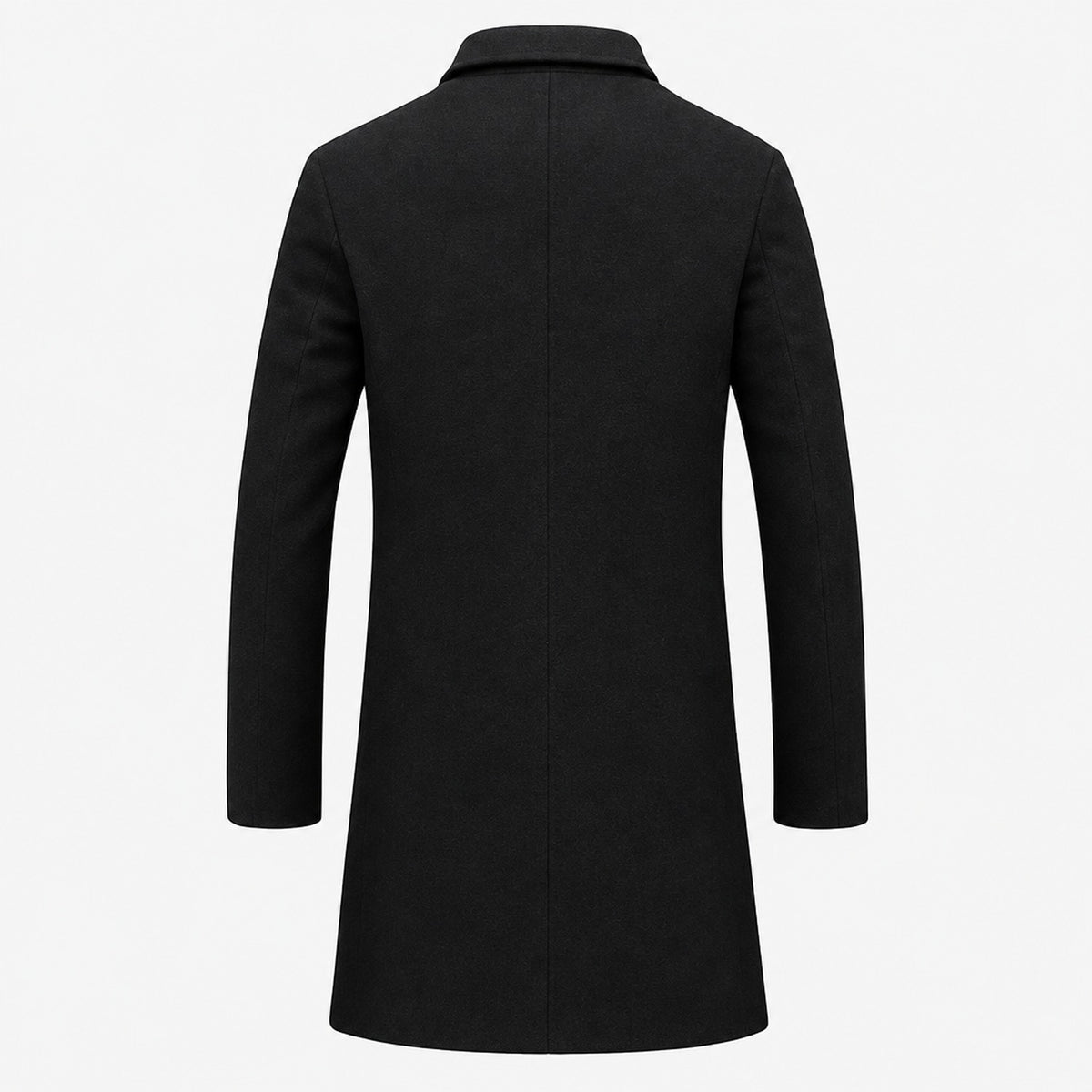 Manteau long homme noir, vue de dos sur fond blanc