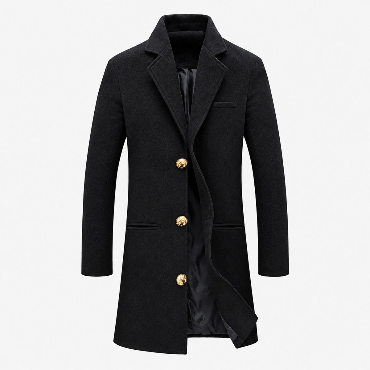 Manteau long homme noir, col à revers et trois boutons dorés, vue de face sur fond blanc