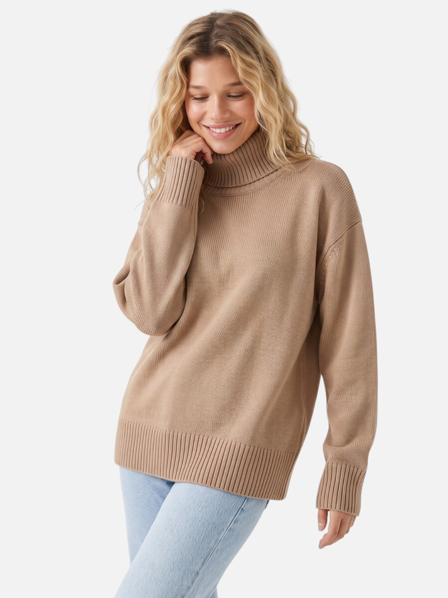 Pull femme col roulé oversize, vue portée