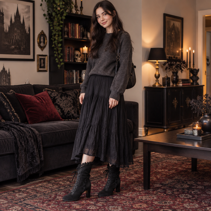 Mannequin portant les bottines steampunk noires en daim, intérieur chic gothique
