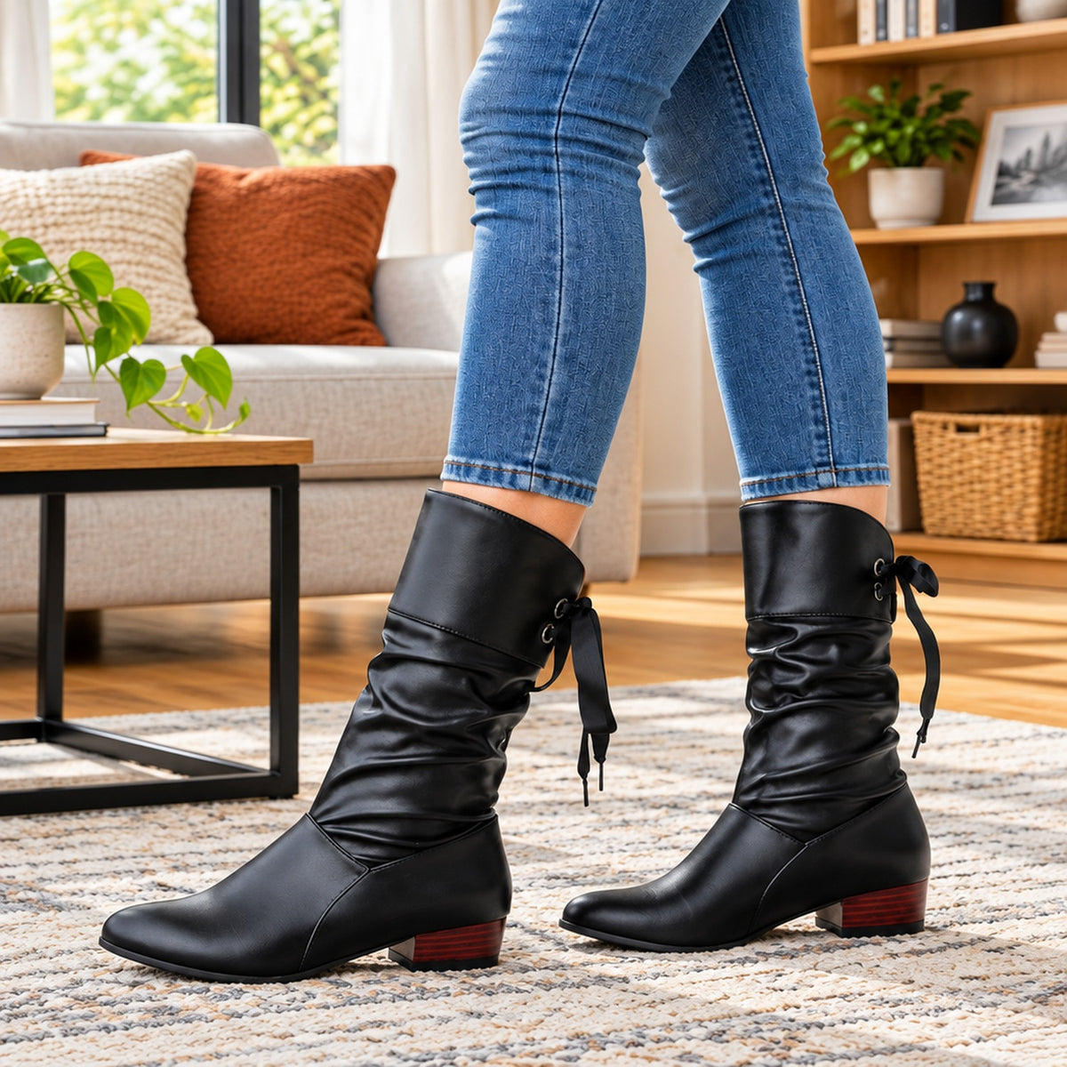 Bottines mi-mollet froncées noires portées en intérieur, salon lumineux