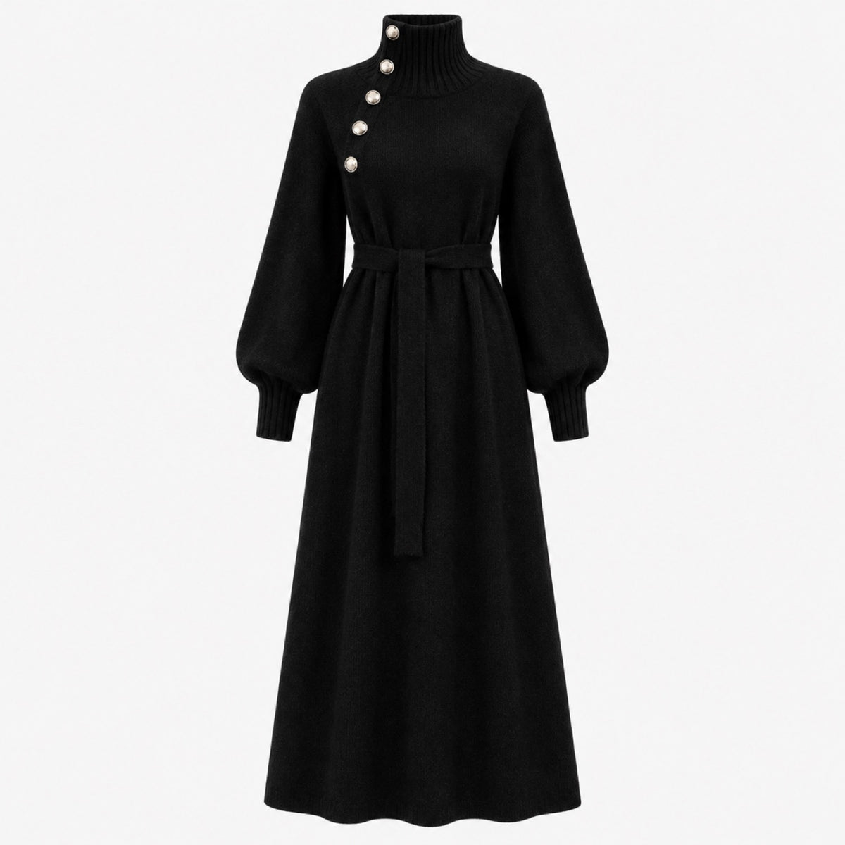 Robe pull col roulé longue boutonnée noire, packshot studio fond clair