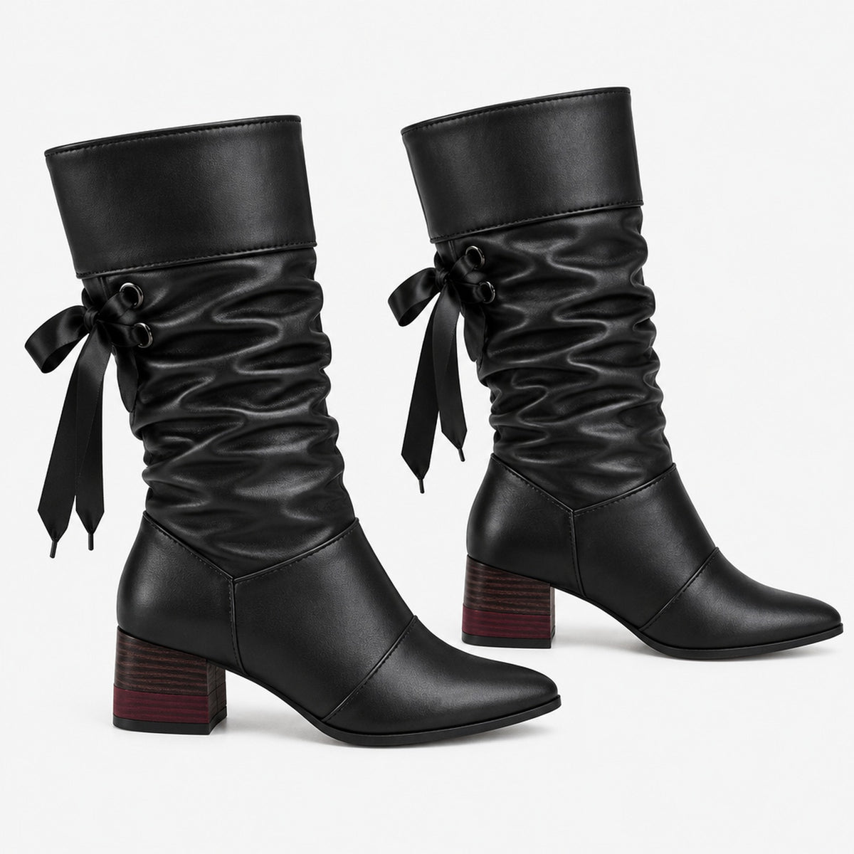 Bottines mi-mollet froncées noires à lacets, vue studio 3/4
