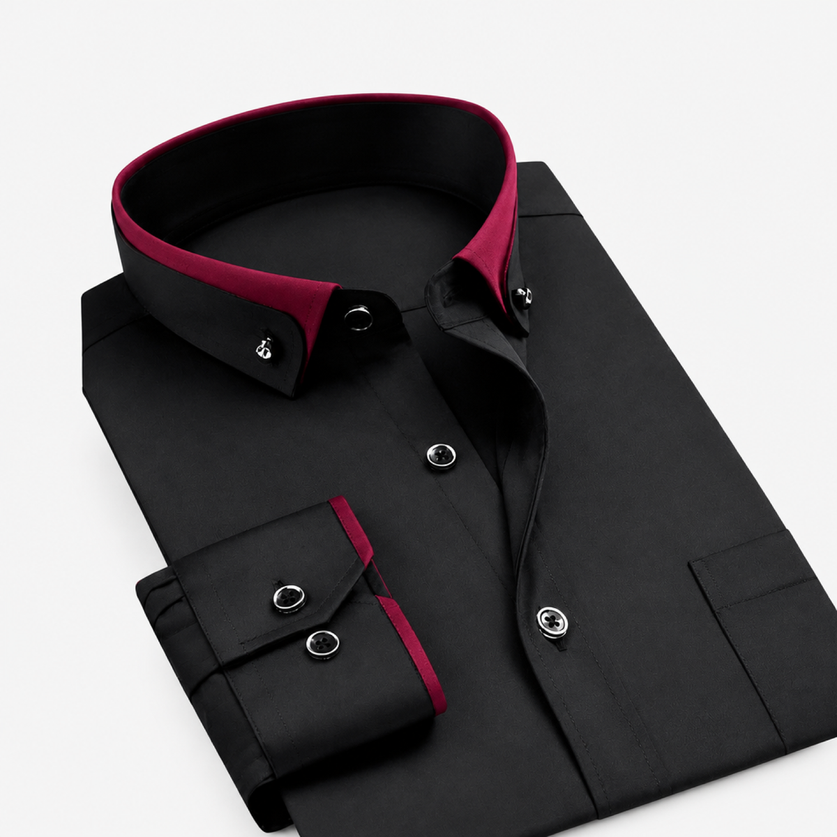 Chemise homme coton manches longues coupe ajustée, coloris noir avec liseré bordeaux