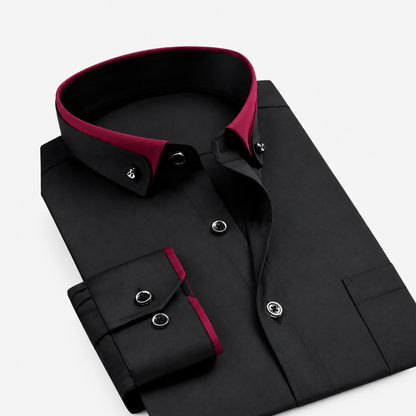 Chemise homme coton manches longues coupe ajustée, coloris noir avec liseré bordeaux